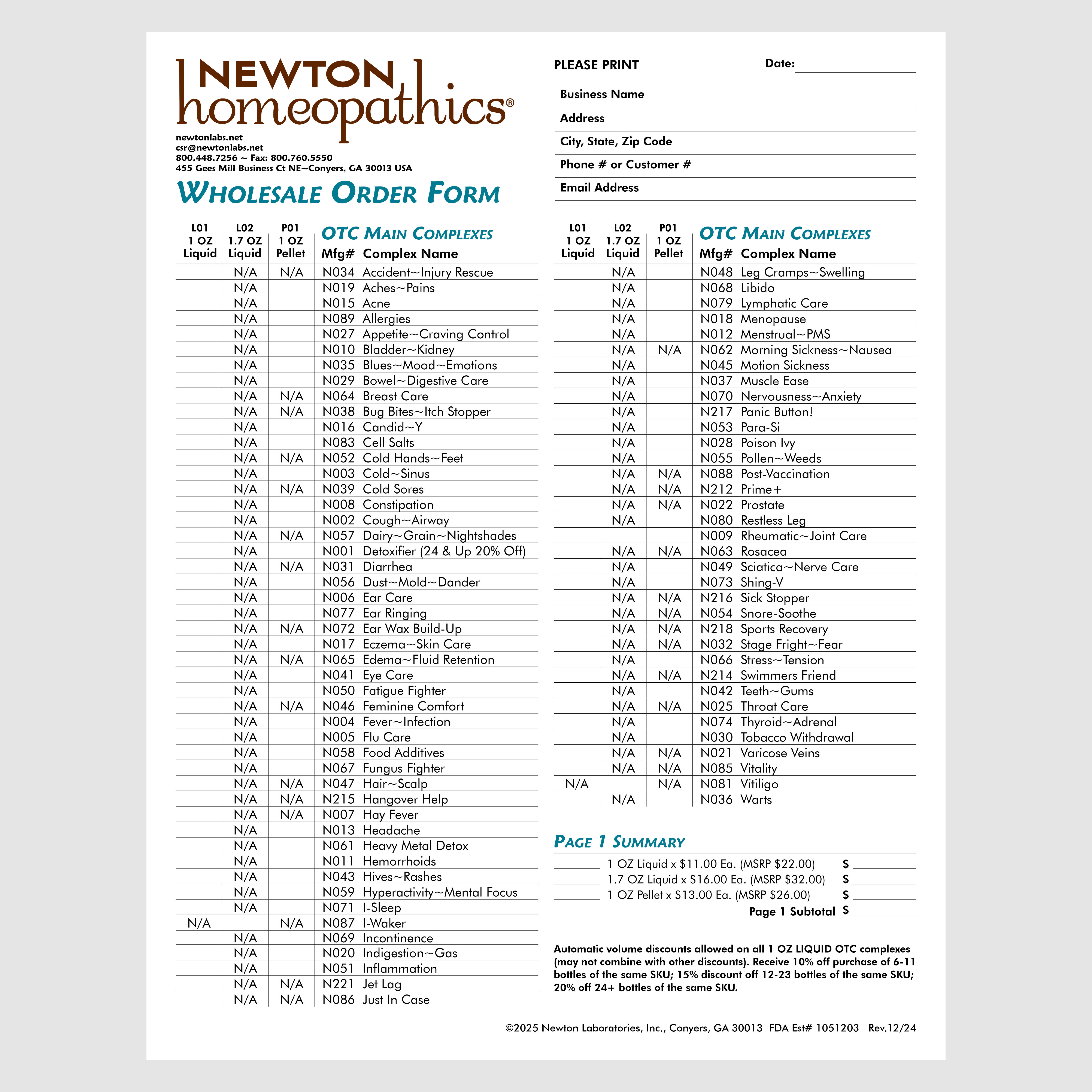 NEWTON homeopathics OTC Wholesale Order Form